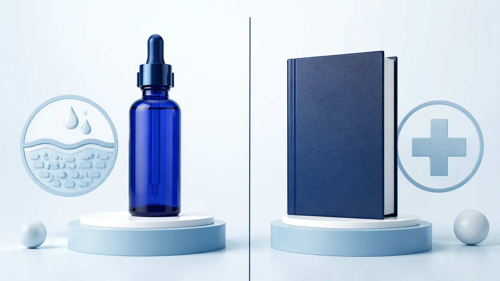 Editorial split scene separating a topical cosmetic serum from a clinical reference book