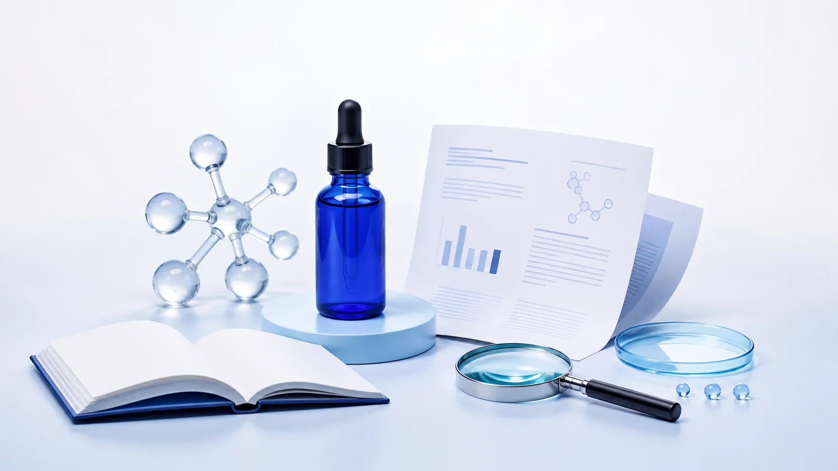 Cobalt serum bottle with a report, open reference book, magnifying glass, and molecular model