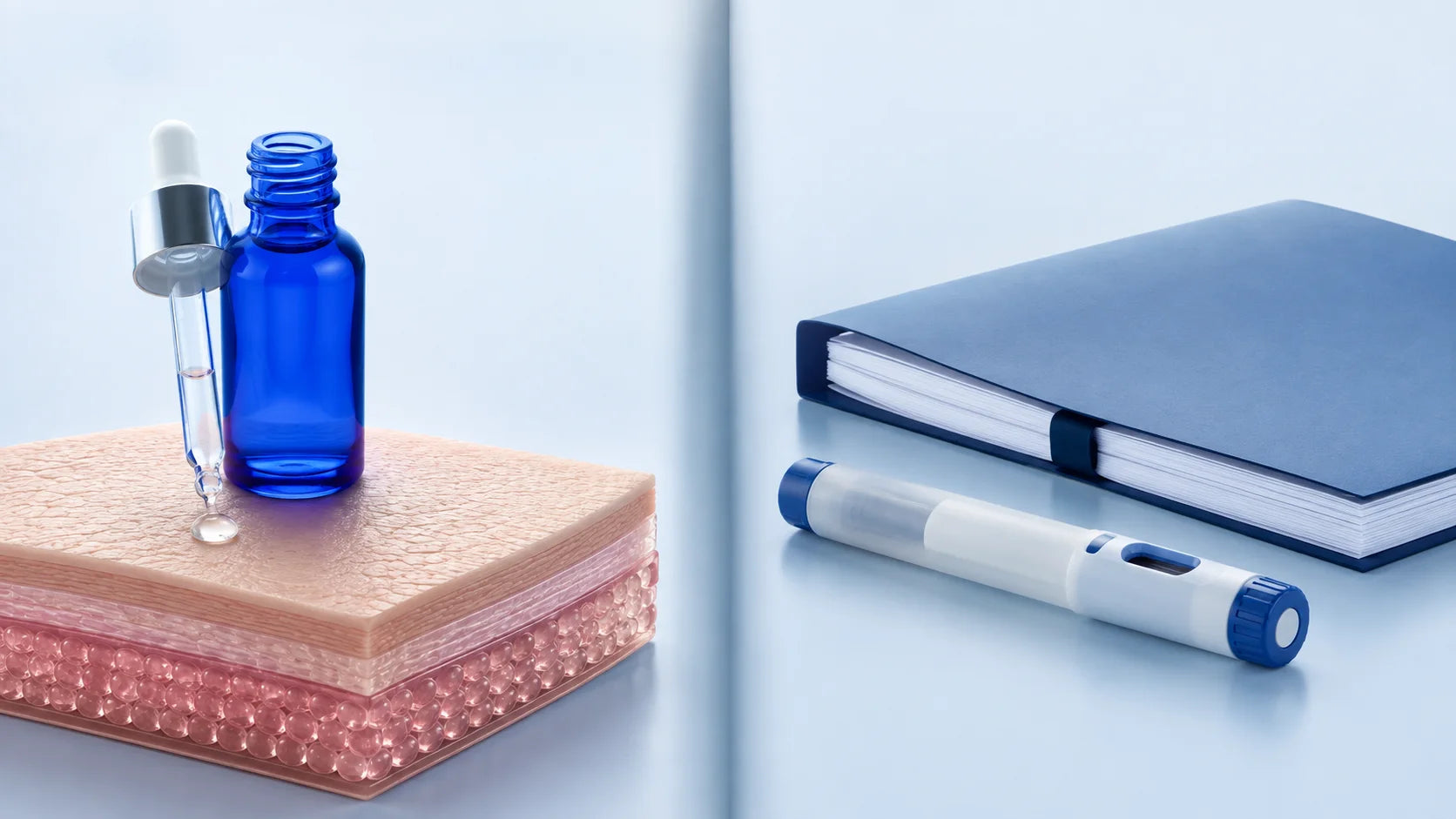 Editorial route comparison with a cobalt topical serum bottle on a skin model and a generic prescription autoinjector beside a study folder